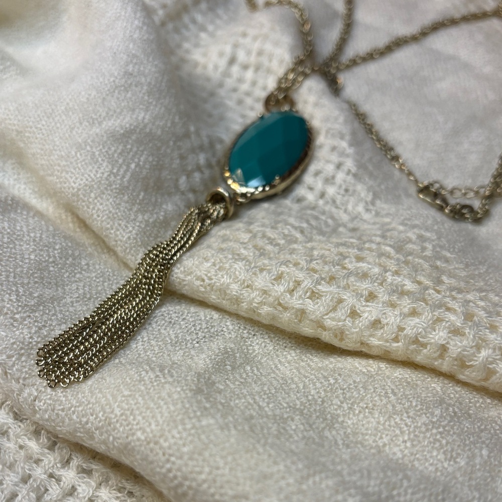 Premier Designs "CECE" Double-Sided Teal Blue Pendant Necklace NWT Gold Tone - Picture 10 of 12